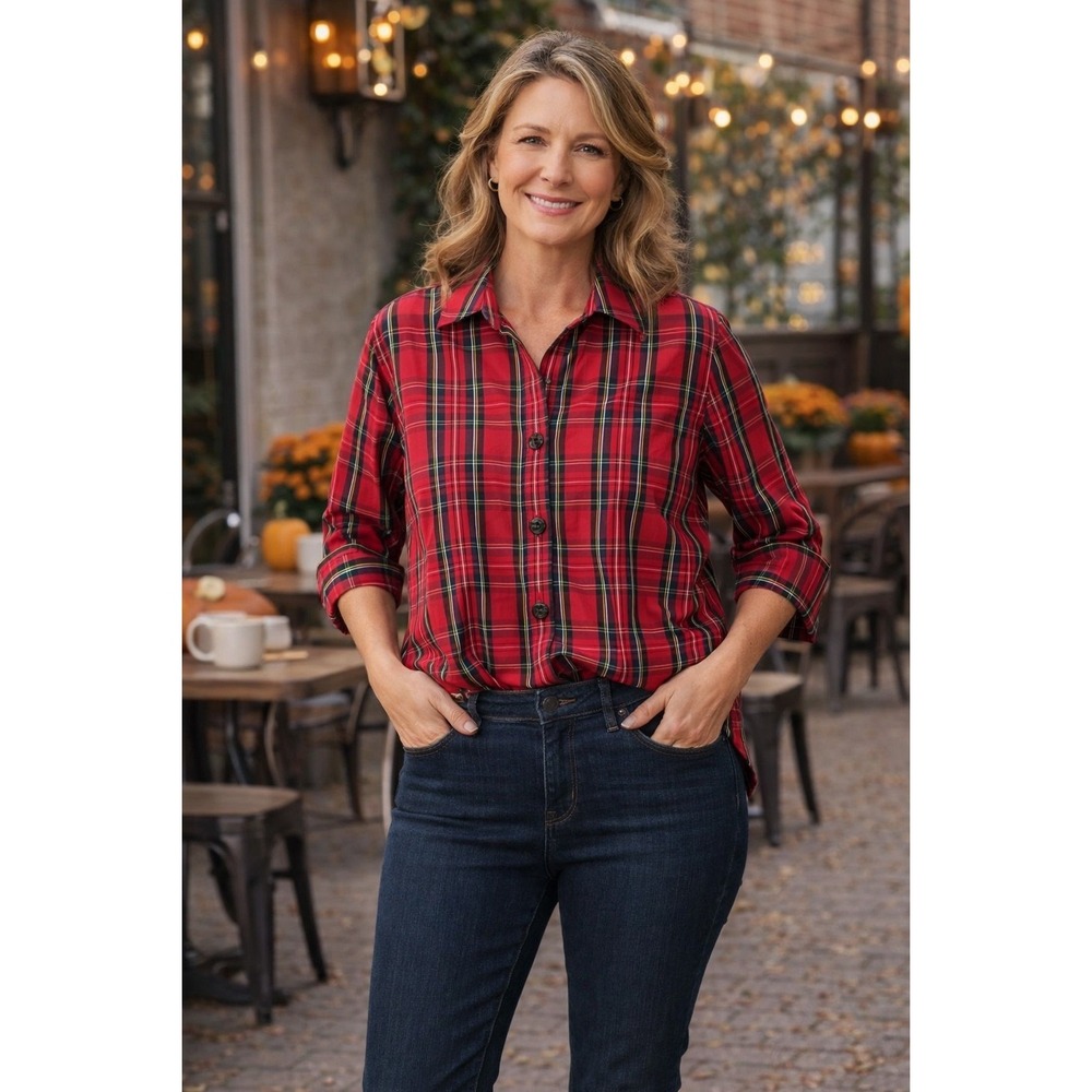Foxcroft Button Down Shirt Womens 18W Red Plaid Wrinkle Free Shaped Fit Altared